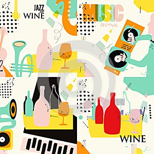 Set of music and wine cards and banners. Jazz music festival cards with instruments flat vector illustration design. Colorful conc