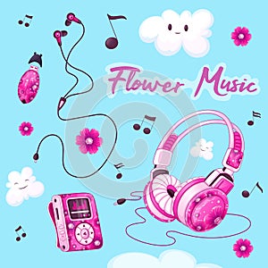 Set of musical accessories with a pink floral pattern.
