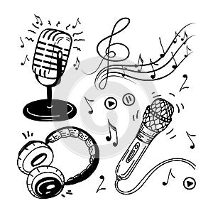 A set of musical elements, hand-drawn doodles in sketch style. Headphones, microphones, audio, treble clef with notes