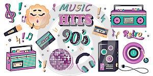 Set of musical elements in retro style of 90s, 80s, 70s. Hand drawn musical cartoon template with slogans about music. Clipart.