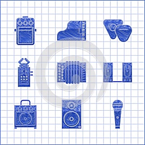 Set Musical instrument accordion, Stereo speaker, Microphone, Guitar amplifier, pick and pedal icon. Vector