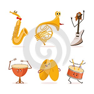 Set of musical instrument characters. Saxophone, tuba, guitar, drum, cymbals, cartoon vector illustration