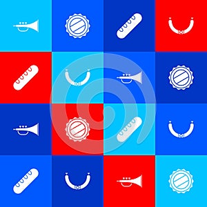 Set Musical instrument trumpet, Bottle cap, French baguette bread and Sausage icon. Vector