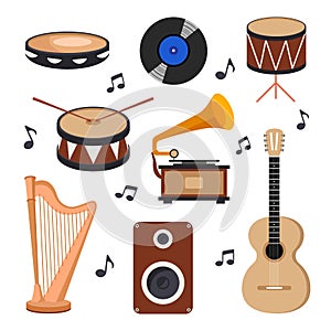 Set of musical instruments in cartoon style. Vector illustration of music orchestra tambourine, drums, harp, guitar