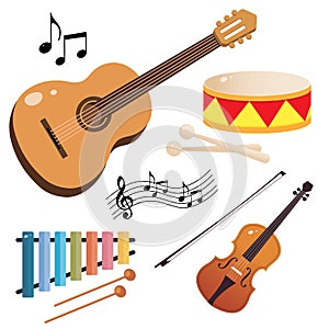 Set of musical instruments. Color images of guitar, violin, drum and xylophone on white background. Vector illustrations for kids