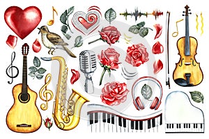 A set of musical instruments: guitar, saxophone, violin and piano. Clip art, microphone, treble clef, nightingale and