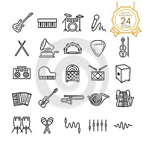 Set of musical instruments line icon on white background, Vector