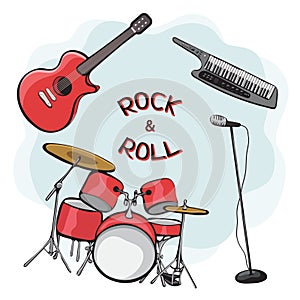 Set of musical instruments, outline cartoon hand drawing, rock and roll icon, vintage sticker. Black red drum kit, synthesizer,