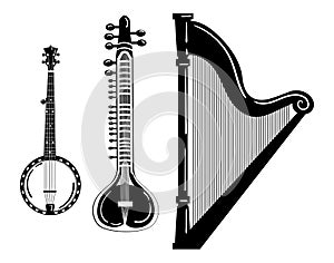 A set of musical instruments. Stylized harp. Black and white banjo illustration. Sitar. Collection of stringed musical