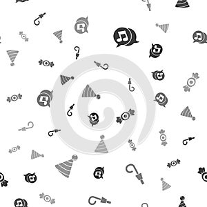 Set Musical note in speech bubble, Birthday party horn, Candy and Party hat on seamless pattern. Vector