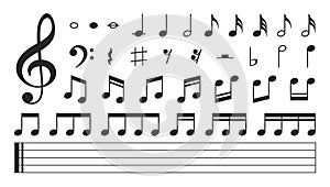 Set of musical notes. Black musical note icons. Music elements. Treble clef. Vector illustration