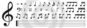 Set of musical notes. Black musical note icons. Music elements. Treble clef. Vector illustration