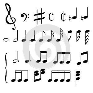 Set of musical notes icons for design on white, stock vector illustration