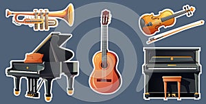 Set of musical vector instruments. Wind instruments, grand pianos, violin and guitar