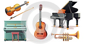 Set of musical vector instruments. Wind instruments, grand pianos, violin and guitar. Vector illustration for design