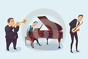 set of musicians on white background. Saxophonist, Pianist, Trumpeter. Cartoon style