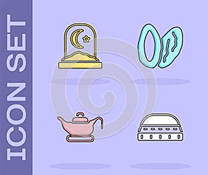 Set Muslim hat for prayer, cemetery, Oil lamp and Date fruit icon. Vector