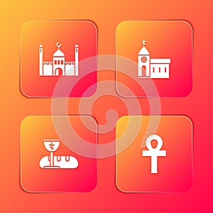 Set Muslim Mosque, Church building, First communion symbols and Cross ankh icon. Vector