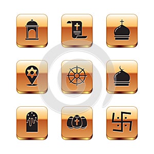 Set Muslim Mosque, Easter cake, egg, Dharma wheel, Star of David, Church tower, Hindu swastika and Decree, paper