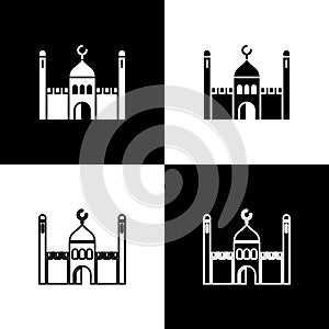 Set Muslim Mosque icon isolated on black and white background. Vector Illustration