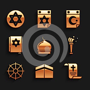 Set Muslim Mosque, Kaaba mosque, Decree, paper, parchment, scroll, Aspergillum, Dharma wheel, Jewish torah book, Star