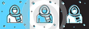 Set Muslim woman in hijab icon isolated on blue and white, black background. Vector