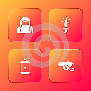 Set Muslim woman in niqab, Arabian saber, Ramadan Kareem lantern and cannon icon. Vector