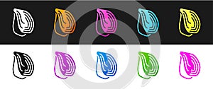 Set Mussel icon isolated on black and white background. Fresh delicious seafood. Vector