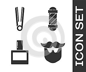 Set Mustache and beard, Curling iron for hair, Aftershave and Classic Barber shop pole icon. Vector