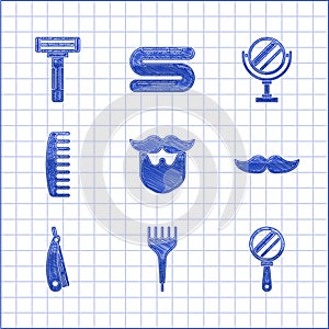 Set Mustache and beard, Hairbrush, Hand mirror, Straight razor, Round makeup and Shaving icon. Vector