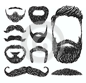Set of mustache and beard silhouettes, vector illustration