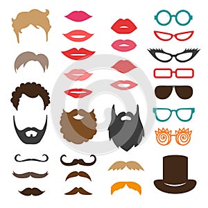 Set of mustache, beards, haircuts, lips and sunglasses.