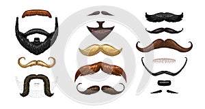 Set of mustache and funny beard of men, hipster and retro barber or hairdresser on transparent background. engraved hand