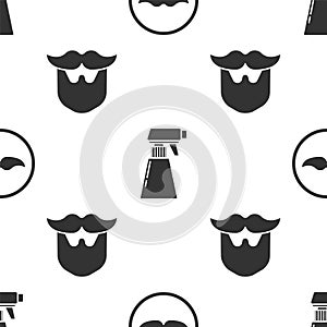 Set Mustache, Hairdresser pistol spray bottle and Mustache and beard on seamless pattern. Vector