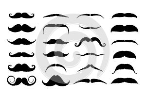 Set of mustaches isolated on white background. Black silhouette of adult man moustaches. Vector illustration