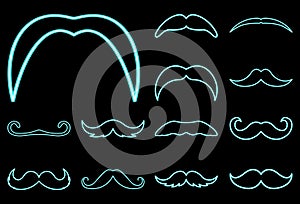 Set of Mustaches Neon isolated on black background. Mustache Neon icons. Vector Illustration. Elements for design. Retro neon sign