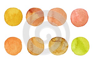 Set of mustard watercolor circles. Hand painted Spots on white background. Round. Isolated. Blobs of different colors