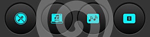 Set Mute microphone, Laptop with music, Music note, tone and Stop media button icon. Vector