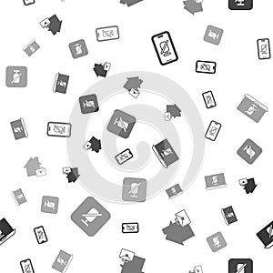 Set Mute microphone on mobile, Online working, laptop and on seamless pattern. Vector