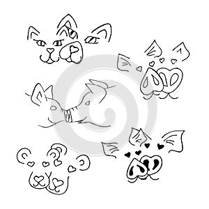 A set with muzzles of animals. Line drawing.