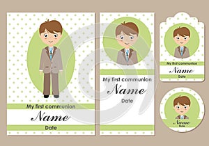 Set my first communion boy. Card, bookmark, label and sticker.