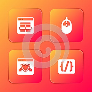 Set MySQL code, Computer mouse, Browser with shield and Programming language syntax icon. Vector