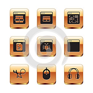 Set MySQL code, Debugging, Computer mouse, System, Software, Headphones and Search engine icon. Vector