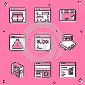 Set MySQL code, Software, Keyboard, Browser with exclamation mark, Code terminal, Processor, Computer and Debugging icon