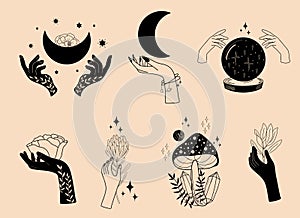 Set of mystical illustrations, magic objects, witchy hands with moon, stars, magic crystal ball