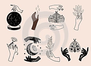 Set of mystical illustrations, magic objects, witchy hands with moon, stars, magic crystal ball