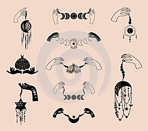 Set of mystical illustrations, magic objects, witchy hands with moon, stars, moon phases, mystical moths