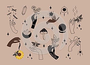 Set of mystical illustrations, magic objects, witchy hands, moon, stars, mushrooms and crystals