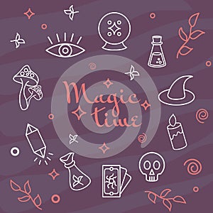 A set of mystical and magical elements. Vector illustration. Items for fortune telling and magic. Crystal ball, cauldron, candles