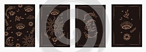 Set of mystical templates for tarot cards, banners, flyers, posters, brochures, stickers. Hand-drawn. Cards with esoteric symbols.
